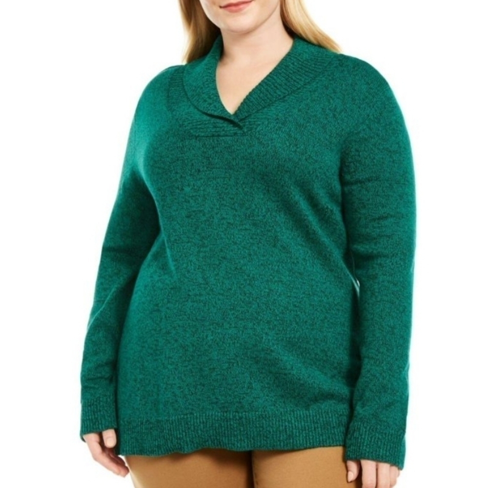 Karen Scott Women's Cotton Marled Shawl-Collar Sweater Dark Marine Green